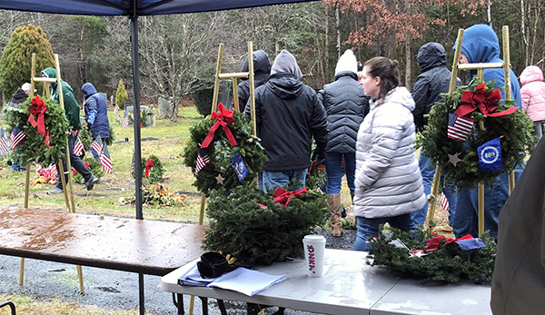 distributing wreaths at Woodtick Cemetery